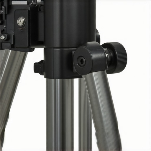 Close-up of a stainless steel C stand with a secure locking system in a studio environment.