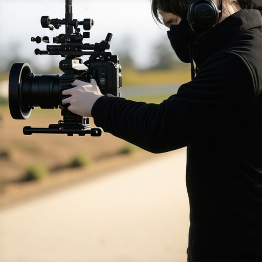 Advanced Support Gear in Action Filmmaker setting up support gear outdoors with high-tech equipment