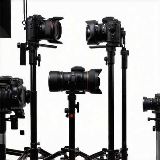 Tripods and C stands supporting filmmaking gear in studio
