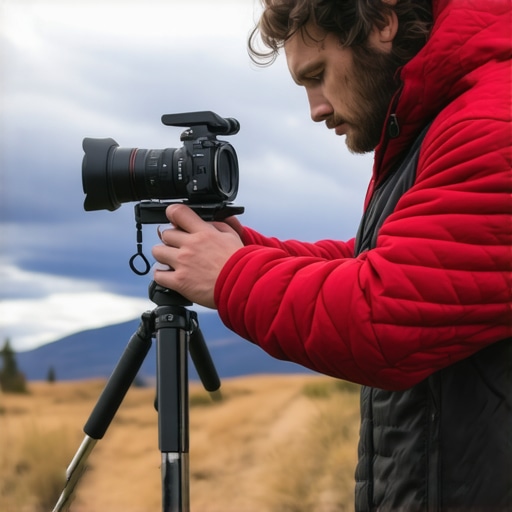 Filmmaker adjusting a sturdy tripod in nature for stable filming.