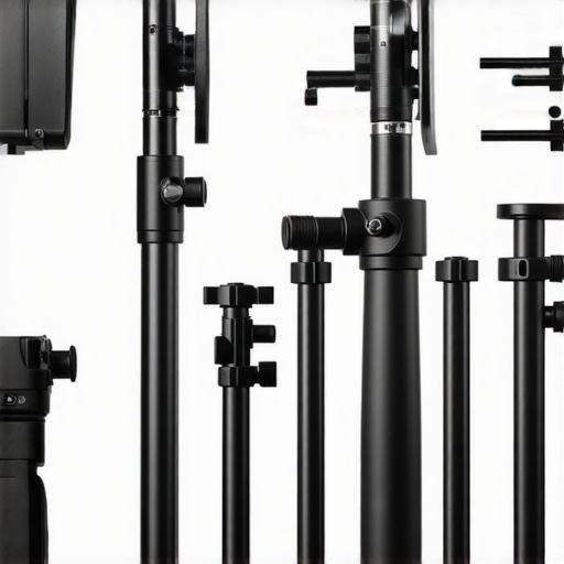 Support gear setup with C-stands, boom arms, and accessories for professional filmmaking.
