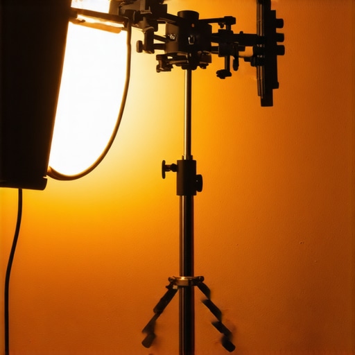 Close-up of a sturdy C stand with a boom arm in a studio