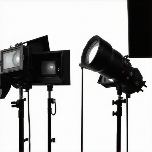 Studio lighting setup featuring durable light stands and adjustable boom arms for photography and videography.