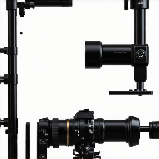 Professional camera support gear on set Close-up of support gear including C stands and boom arms used in filmmaking.