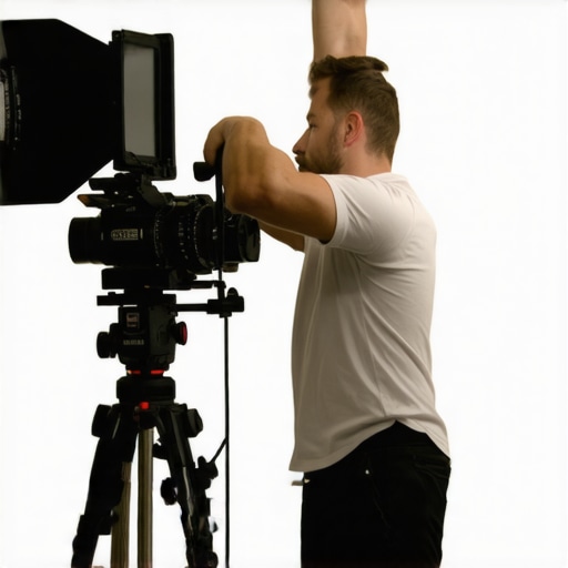 Filmmaker adjusting a C stand with LED panel in a professional studio