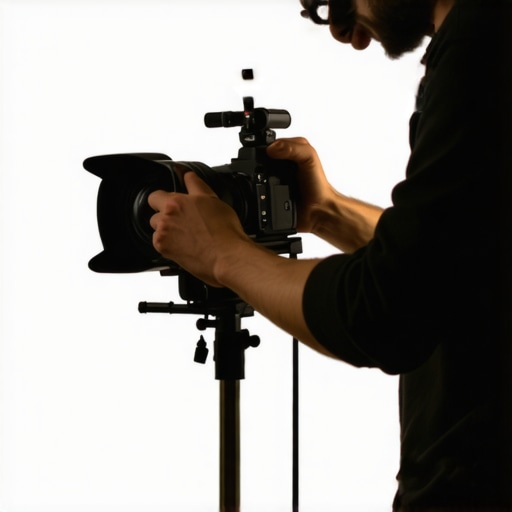 Adjusting a Professional Light Stand Filmmaker tightening a support stand with tools in a studio environment.