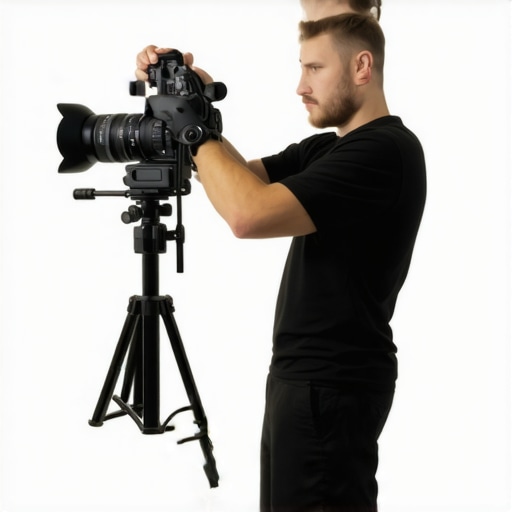 Filmmaker setting up C stand with boom arm Professional filmmaker securing C stand with boom arm for stable shot