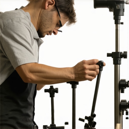 Maintaining Filmmaking Support Gear for Longevity Technician cleaning and inspecting support equipment in a film studio