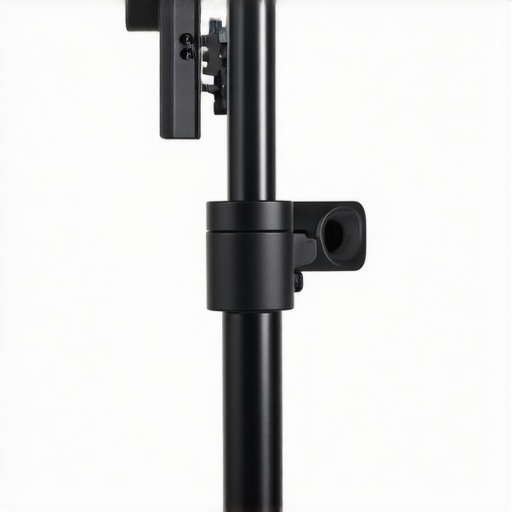 Close-up of a stable C stand with secure clamps and weighted base in studio environment.
