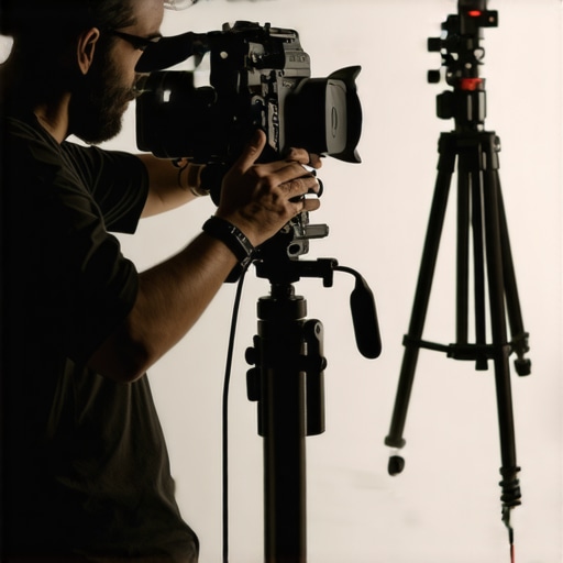 Filmmaker adjusting C stands and tripods on set for stability