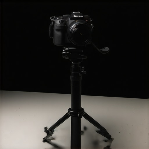 Camera on tripod and C stand on level ground in a studio setting