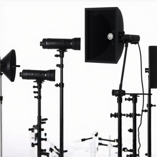 Studio with C stands, tripods, and boom arms supporting lights and cameras.