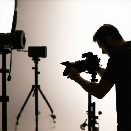 Filmmaker adjusting camera rig with support stands and boom arms in studio