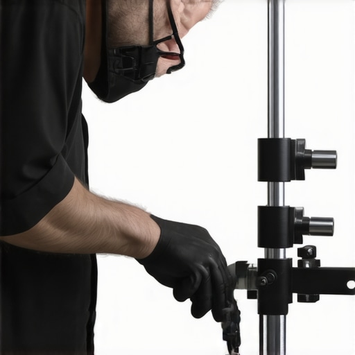 Technician maintaining support gear for filmmaking