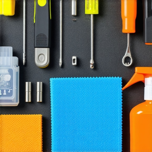 Tools for maintaining camera support gear like screwdrivers, cloths, and lubricants.