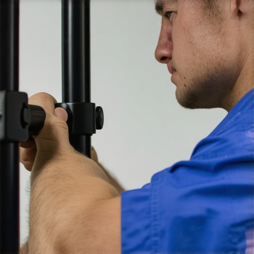 Support Gear Maintenance in Action Technician inspecting studio support stands with tools, ensuring stability and safety