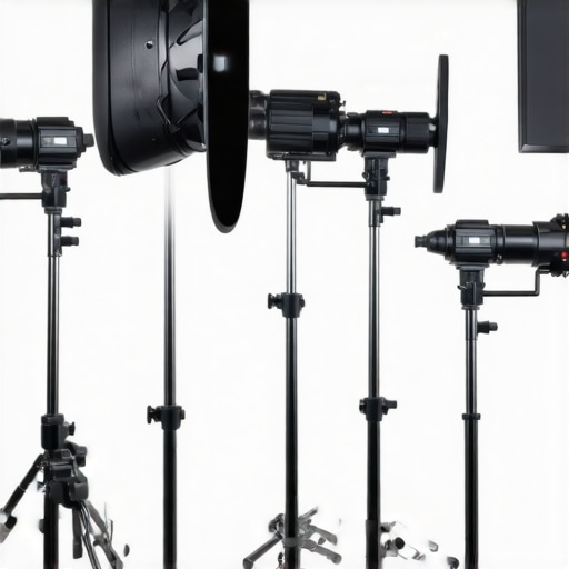 Close-up of well-maintained studio light stands and boom arms, showing clean, lubricated joints and secure clamps.