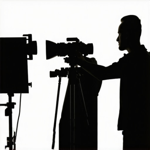 Filmmaker setting up tripod, C stand, and boom arm in studio