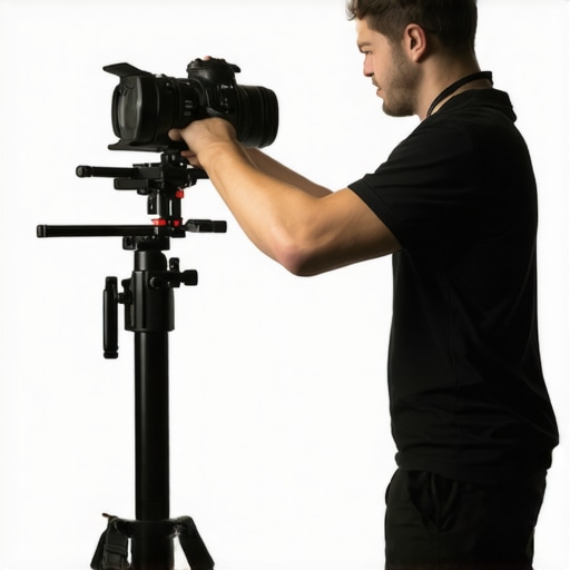 Filmmaker fine-tuning camera support on a stable tripod with leveling tools.