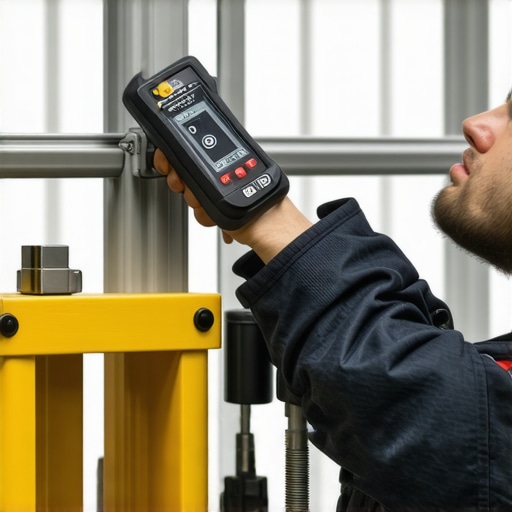 Precision Support Stand Maintenance Technician tightening support stand clamps with a digital torque wrench to ensure safety and accuracy.