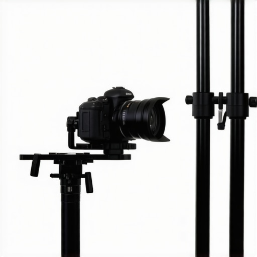 A well-organized professional film set with support stands, arms, and camera rig