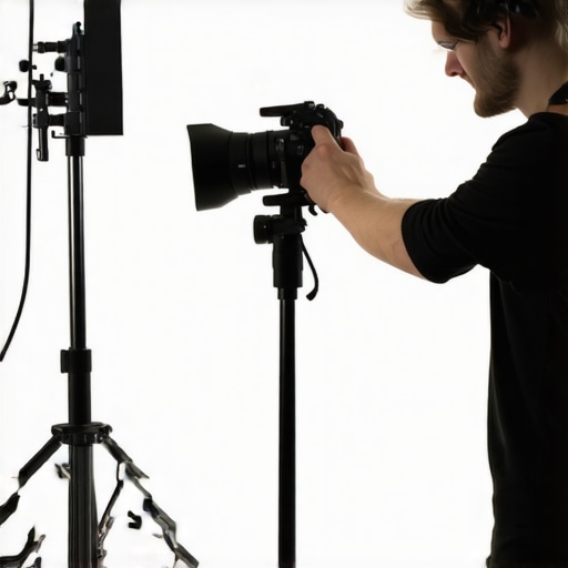 Filmmaker assembling tripods, C stands, and boom arms for filming setup.