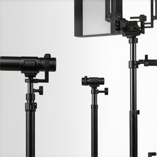 A technician inspecting support stands and support equipment for maintenance in a studio environment.