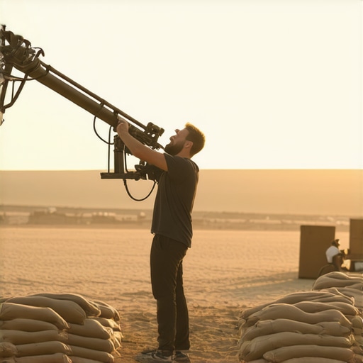 Filmmaker securing a heavy-duty steel boom arm with sandbags for outdoor filming.