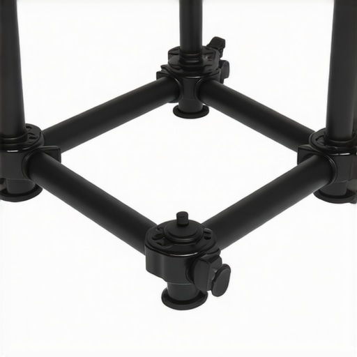 Support stand with reinforced joints holding camera and lighting gear in a studio, emphasizing stability and durability.