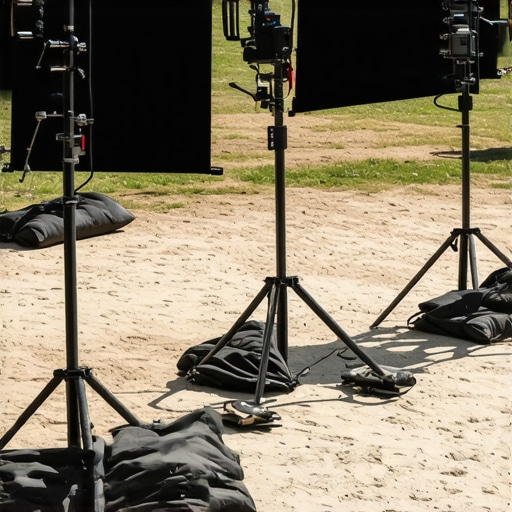 A professional filmmaker's outdoor set showing stabilized C stands with sandbags supporting lighting equipment on uneven terrain.