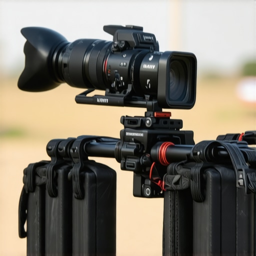Photograph showing a camera rig with tightened support components, non-slip padding, and sandbags stabilizing the base in an outdoor environment.