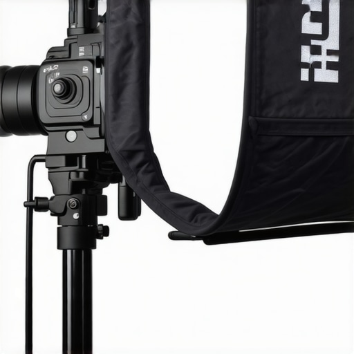 Close-up of a grip head holding a softbox firmly on a C-stand