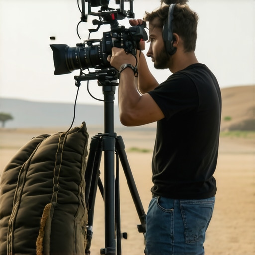 A technician placing sandbags around a C-stand and tightening support arms on set