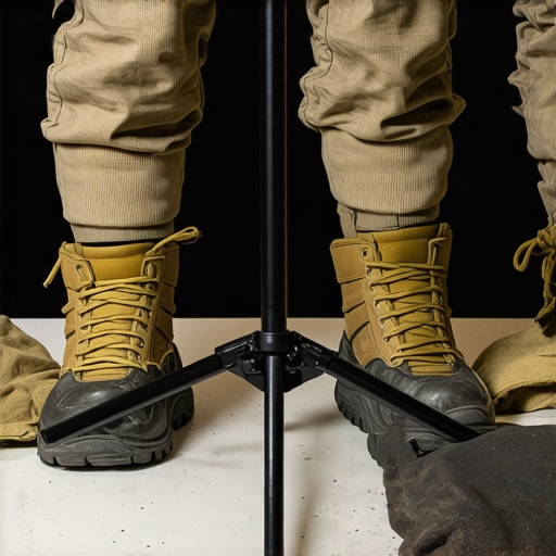 A stable C-stand secured with sandbags and tighten leg locks on a film set.