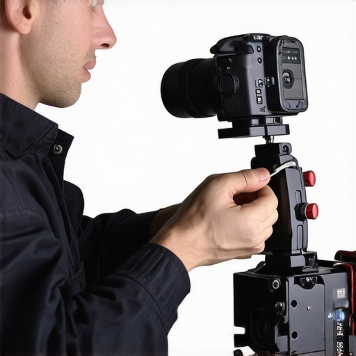 Technician inspecting and lubricating camera support gear with precision tools, emphasizing safety and upkeep.