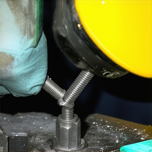 A technician using a precision applicator to apply thread-locking compound on a support stand bolt.