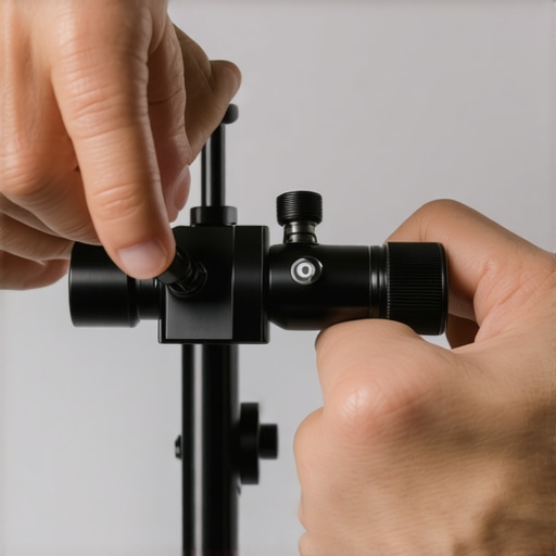 A technician tightening the grip head tension knob of a C-stand to prevent droop