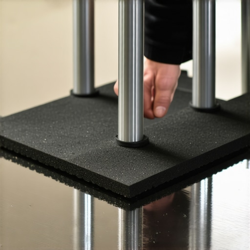 Grip technician placing anti-slip rubber pads under a c-stand on a shiny floor