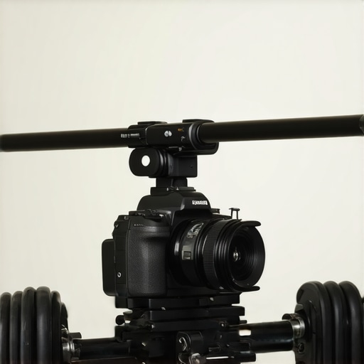 Camera Rig Balance Close-Up A close-up of a camera rig with weights and support arms being balanced in a studio environment.