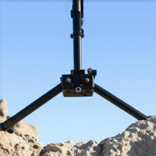 Close-up of a professional C-stand with tension adjustments in outdoor rocky terrain