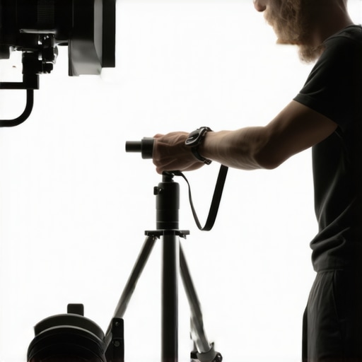 Photographer adjusting weights on a C-stand to ensure stability during a shoot.