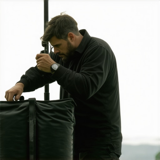 Grip staff securing sandbags on a C-stand in windy conditions for stability.