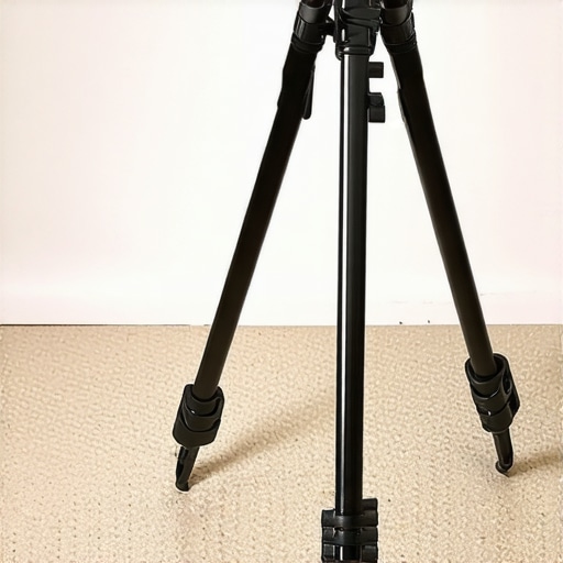 A professional tripod with tightly adjusted spreader and weights for stability