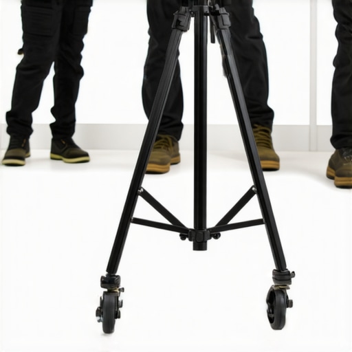 A technician locking wheels of a C-stand on a polished studio floor to prevent slipping.