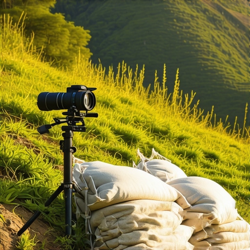 Camera rig stabilized on a hillside using sandbags and weight distribution.