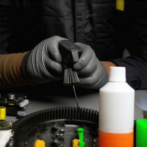 Technician inspecting and lubricating camera support equipment in a studio setting.