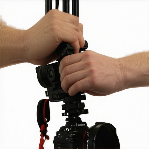 Hands tightening tension screws on a camera rig for stability.